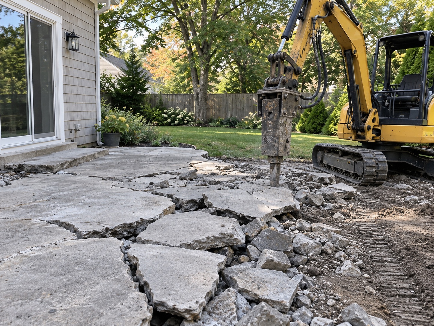 Broken concrete patio and compact demolition equipment; illustrative image