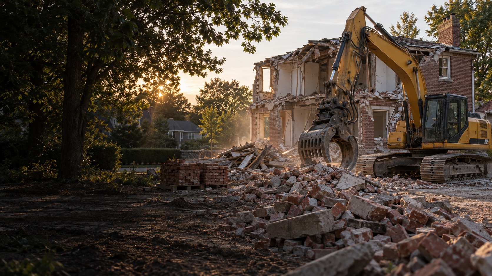Yellow excavator and brick rubble at an illustrative demolition site