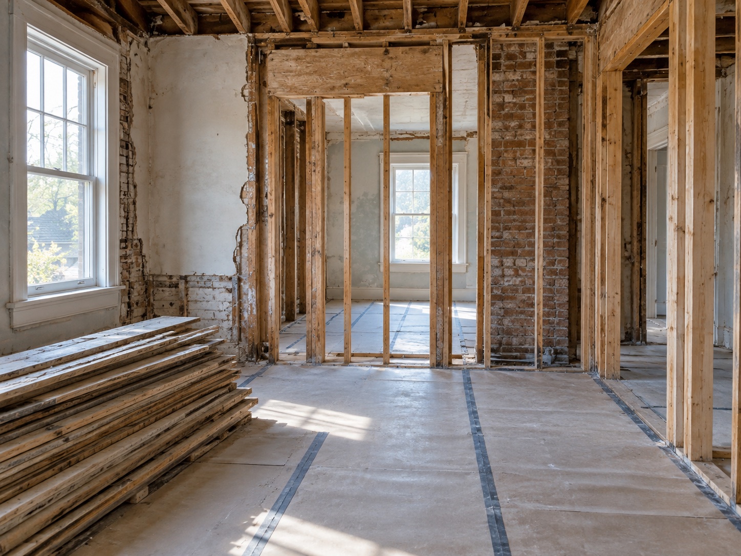 Interior renovation space with exposed wood framing and removed finishes; illustrative image